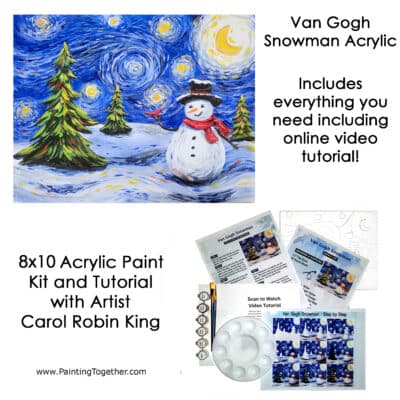 Acrylic art kit complete with tutorial featuring a Van Gogh–style snowman painting, with paints, brushes, palette, printed outline, and step-by-step instruction sheets by Carol Robin King