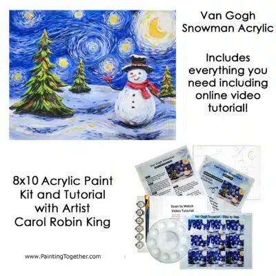 Acrylic art kit complete with tutorial featuring a Van Gogh–style snowman painting, with paints, brushes, palette, printed outline, and step-by-step instruction sheets by Carol Robin King